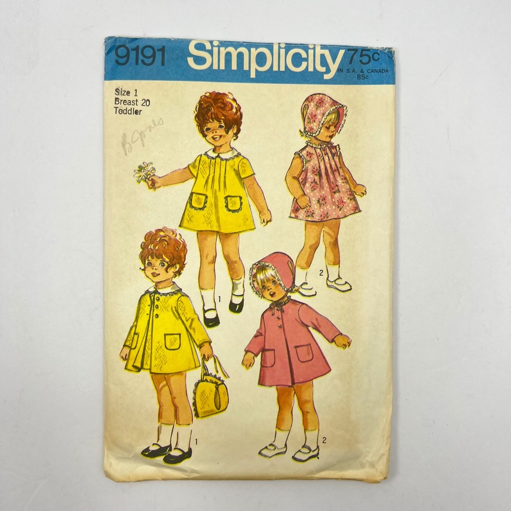 Simplicity 1970 Sewing Pattern 9191 Toddler Size 1 Dress Coat Hat Vtg Midcentury